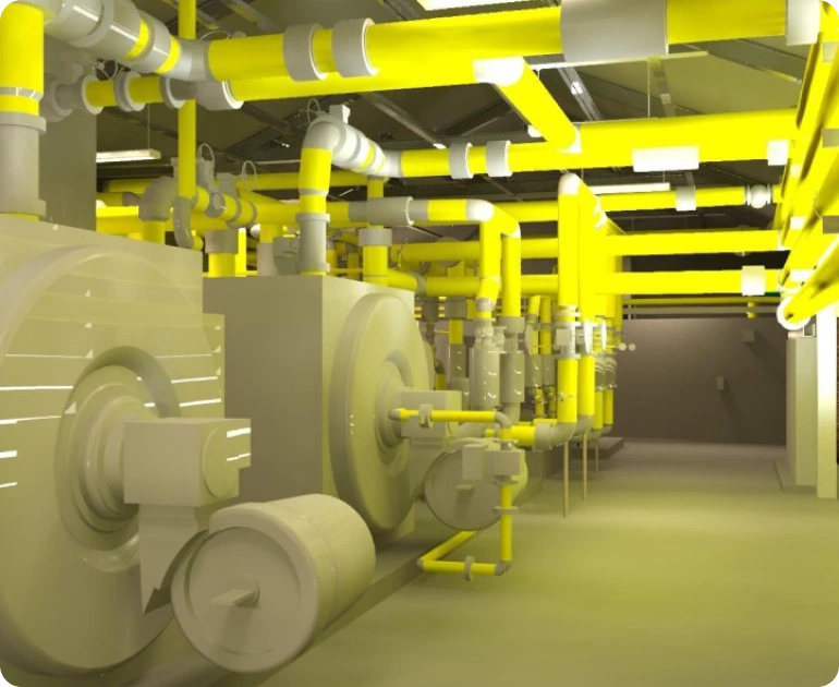 A 3D MEP model created using point cloud scan to BIM, showcasing mechanical, electrical, and plumbing components for Revit-based design