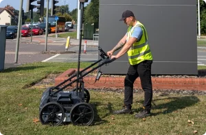 Surveyor using ground-penetrating radar (GPR) equipment for an underground utility survey near a roadside