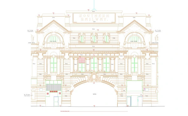 CAD elevation drawing of a historic railway building facade, "Southern Railway," showing intricate arches and architectural details
