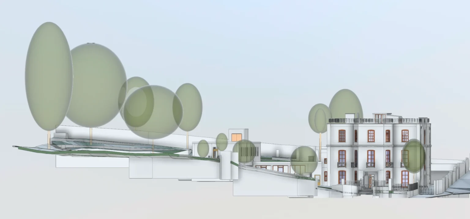 BIM model of a Grade II listed house, featuring rear and west extensions, and a garden area