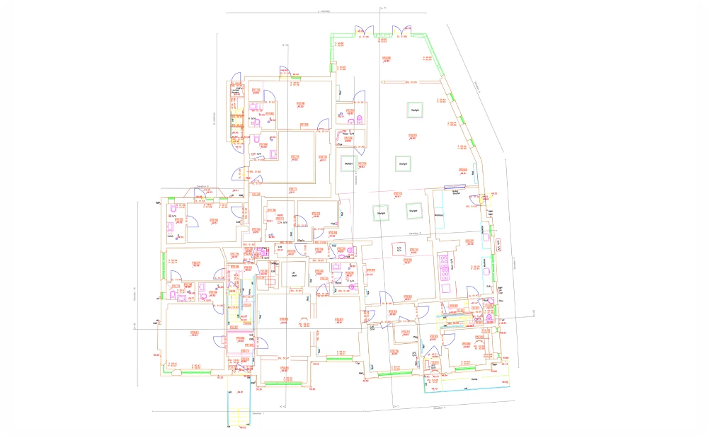 CAD drawing showing a detailed floor plan at scale 1:50 with RICS Survey Detail Accuracy Band D (+/- 10mm)