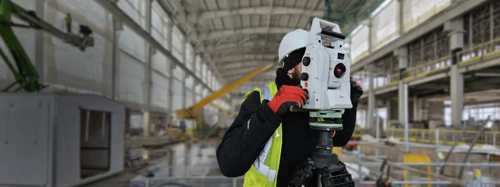 A surveyor conducting monitoring surveys at a factory using a total station for precise measurements