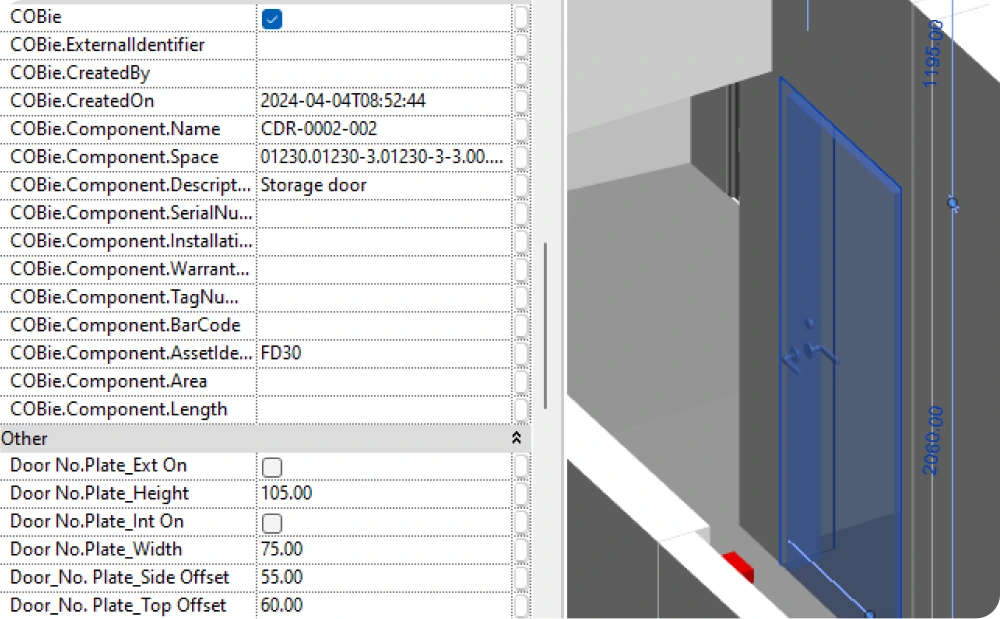 Door model with integrated COBie database attributes for facility management and detailed tracking