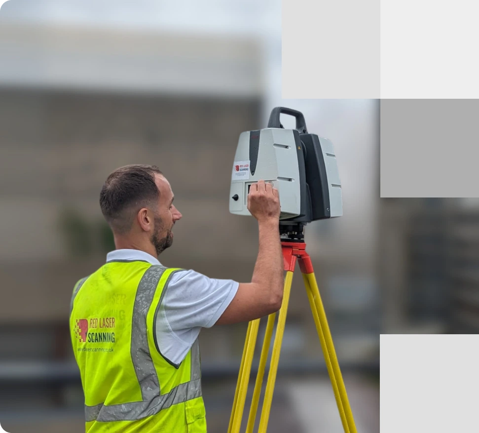 Skilled surveyor using an advanced laser scanner on-site to conduct a measured building survey, capturing precise data