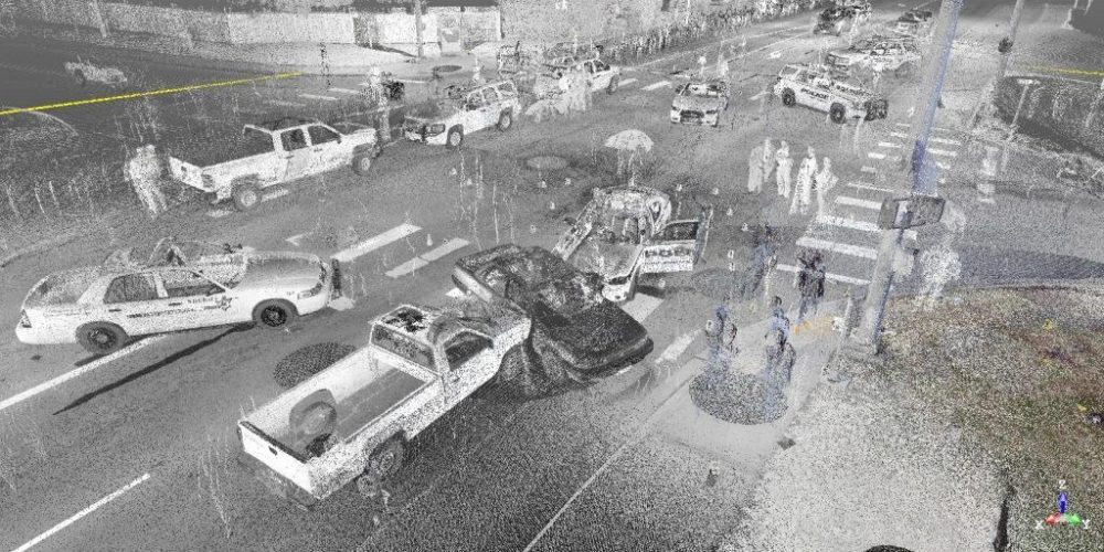 A 3D laser scanning using laser technology to capture a crime scene with a point cloud of data for detailed reconstruction