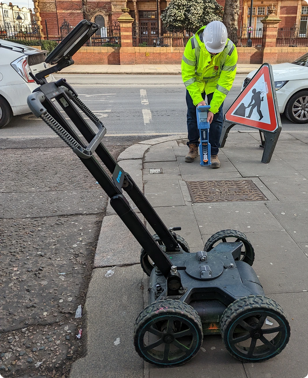 An expert performing an underground survey with GPR and electromagnetic induction in a town centre