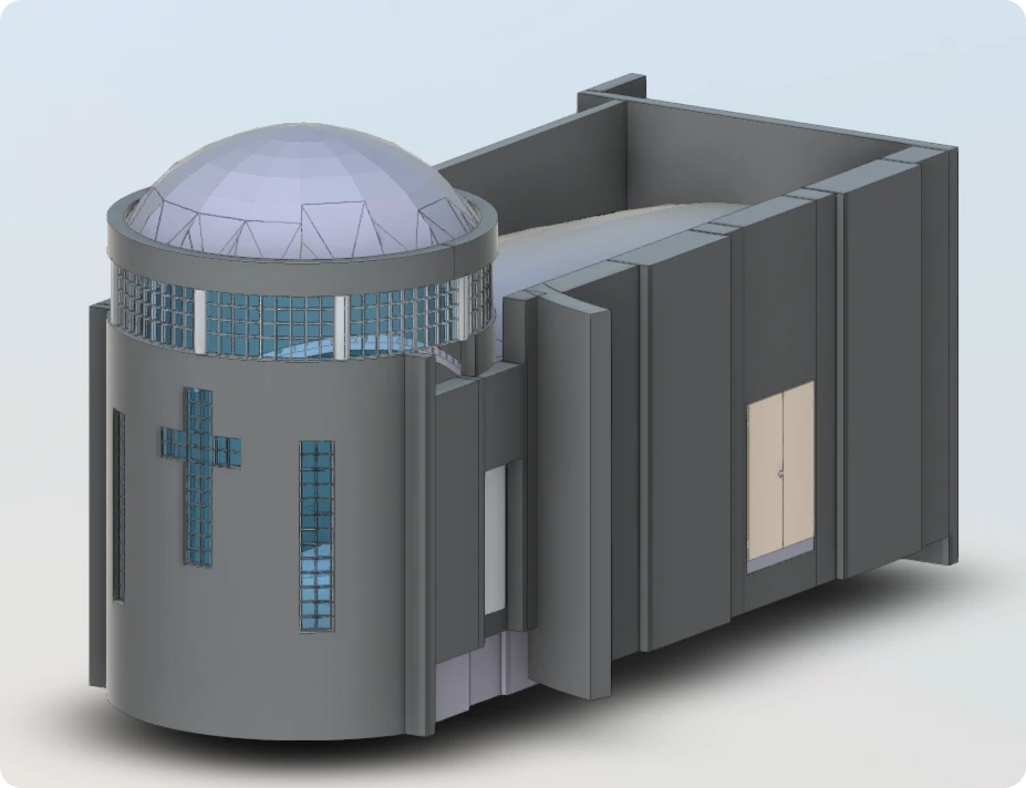 A detailed Revit model of a church, showcasing structural and architectural elements.