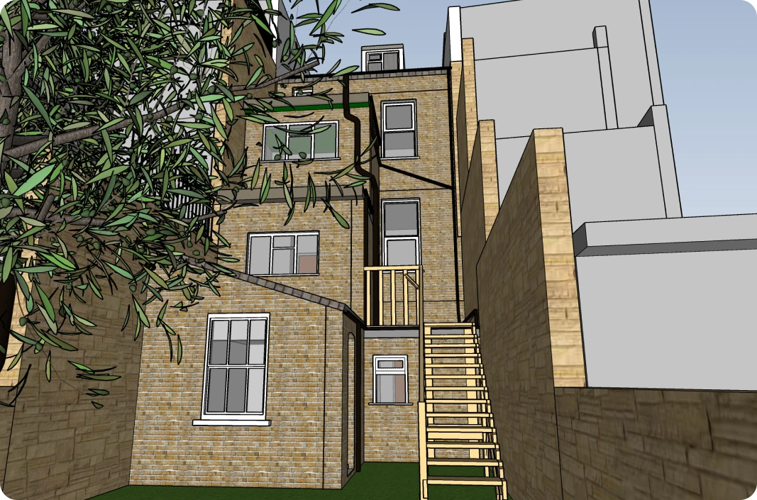 A 3D SketchUp model of a residential building, highlighting architectural details