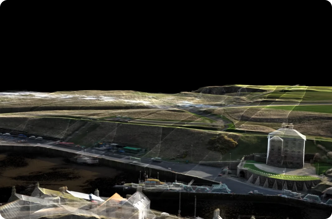 A detailed 3D aerial point cloud of the countryside captured through drone surveys
