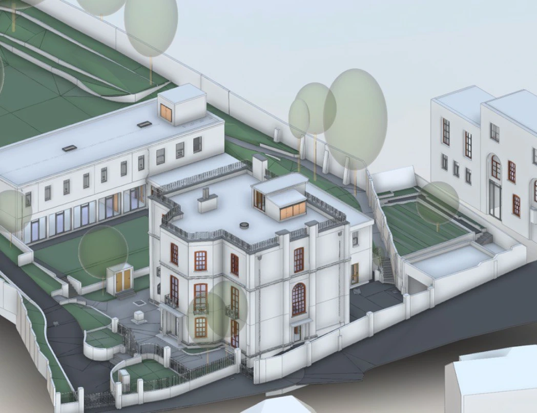 Scan to BIM model of an 18th-century Grade II listed house, featuring rear and west extensions, and a garden area