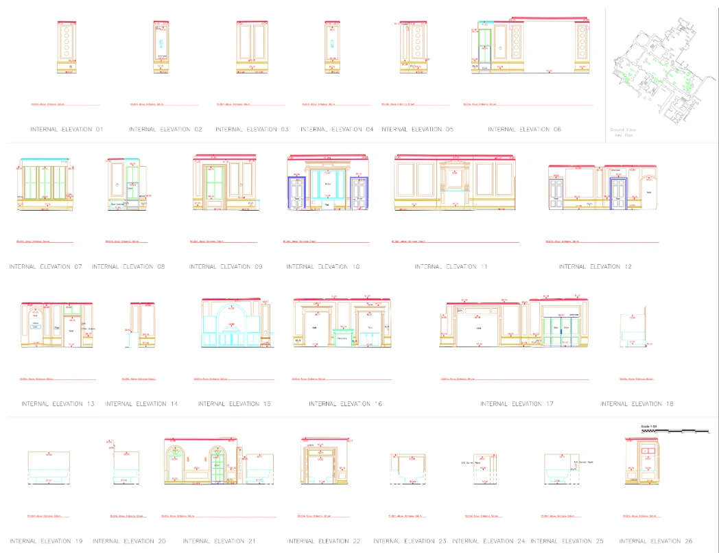CAD drawing Detailed internal elevations of a hotel project, highlighting the design of interior walls, doors, windows, and other architectural elements