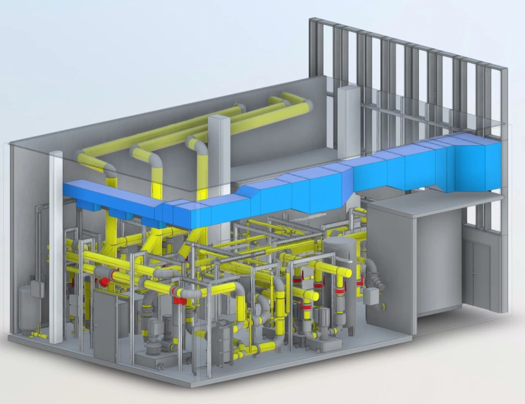 Comprehensive MEP model of a district energy system, showing mechanical, electrical, and plumbing components