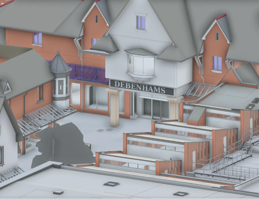 Our LOD3 architectural and structural models for transforming a Debenhams store into a cinema, overcoming shelving challenges
