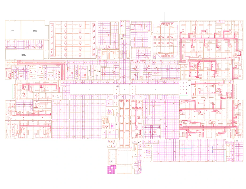 Reflected ceiling plan of a large commercial project, detailing ceiling layout and fixtures