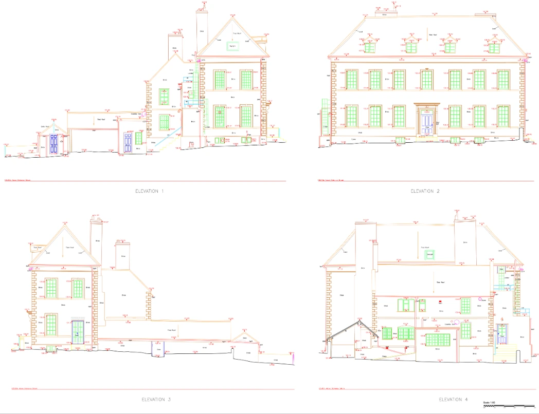 Architectural drawings showing front, rear, left, and right side elevations of a residential house