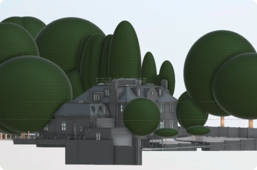 3D Revit model developed from laser scanning measured building and topographical survey data, capturing the main house, boundaries, garden areas and surrounding site context