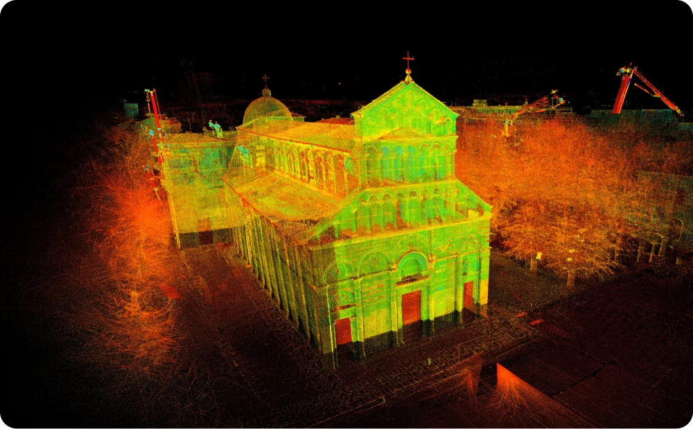 High-resolution 3D laser scan point cloud of the Church of San Paolo in Pisa, Italy, captured for structural restoration and conservation analysis