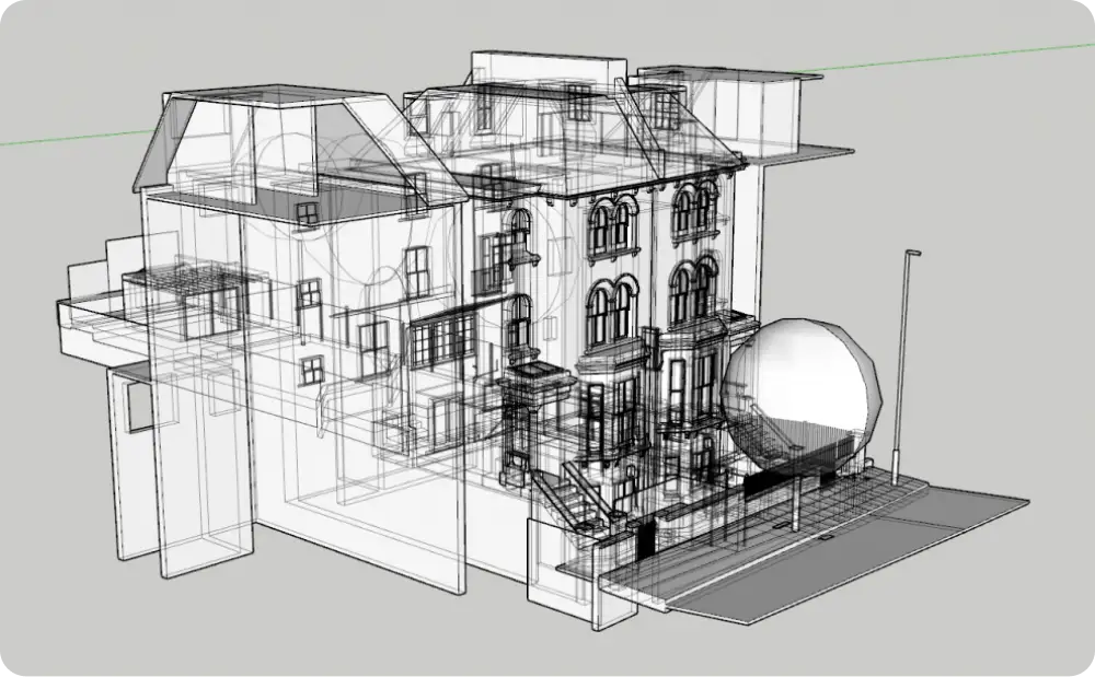 Wireframe 3D model of Victoria Rise property in London developed from measured building survey data for coordinated Revit and SketchUp workflows