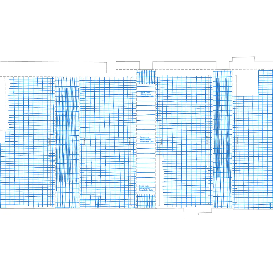 CAD drawing extract showing concrete scanning results with mapped reinforcement layout and detected embedded elements within a concrete slab